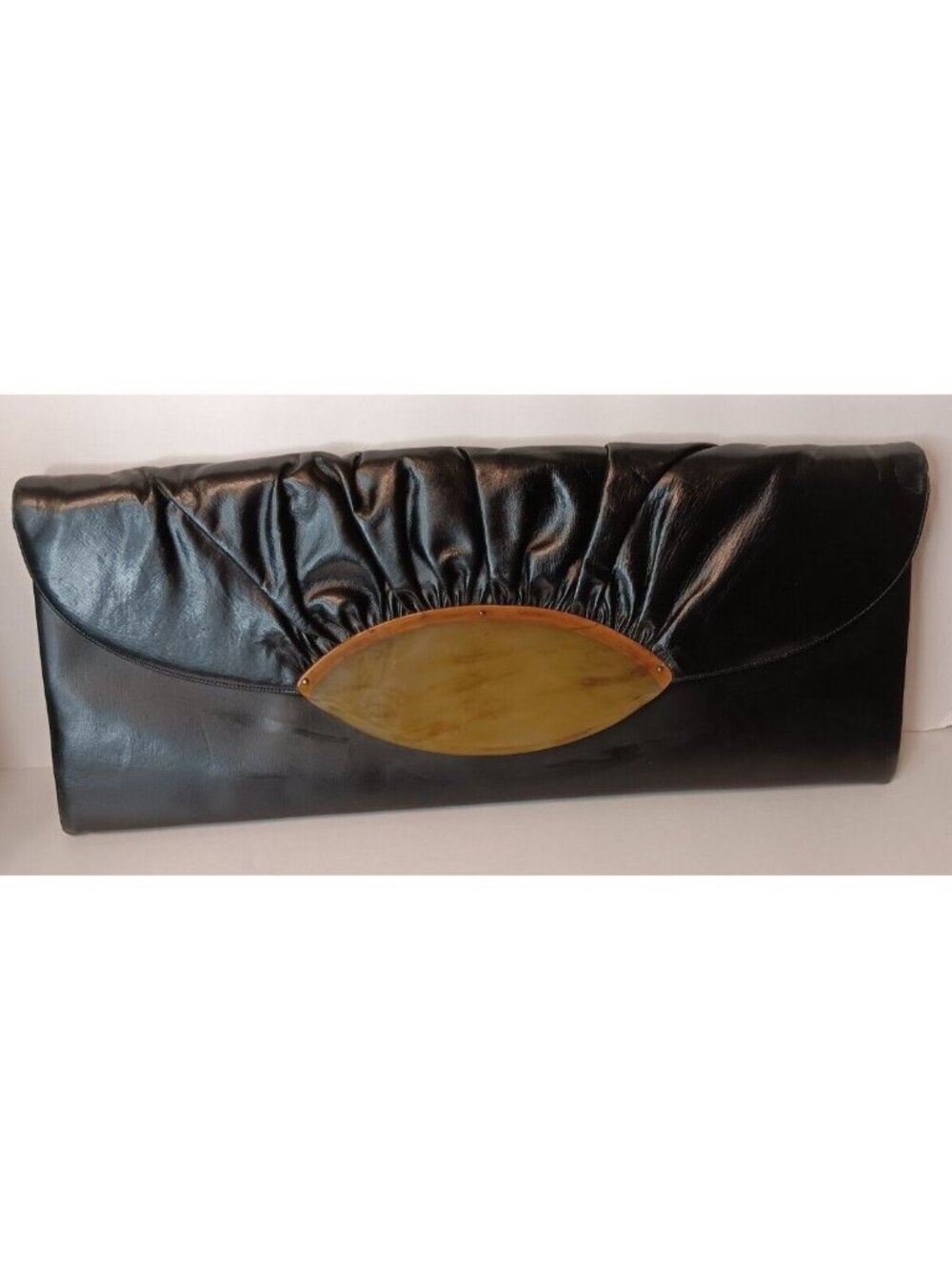 Vintage Prestige Pleated Black Leather Clutch Handbag Purse, Lucite Front 1940's